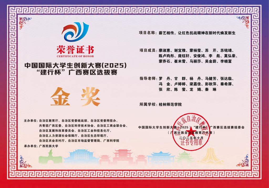 中国国际“互联网+”大学生创新创业大赛广西选拔赛获奖证书